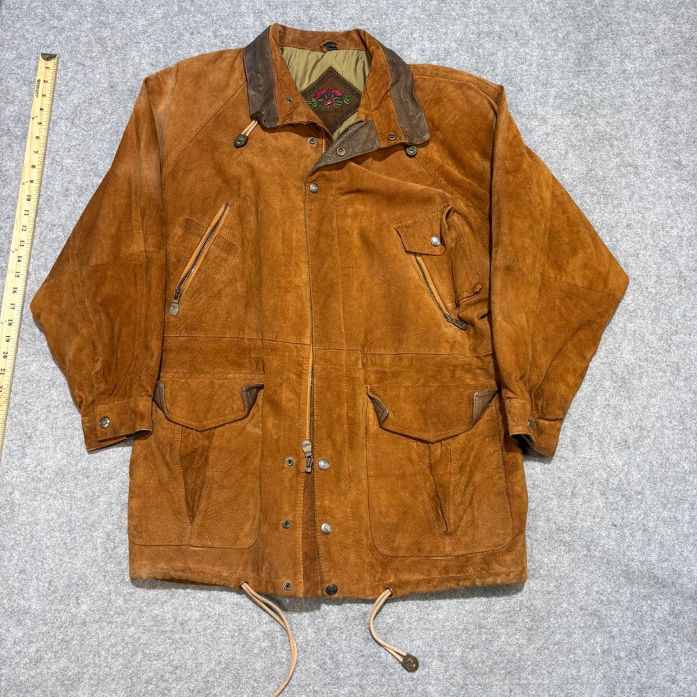 Hunters Run Vintage Mens Suede Leather Field Jacket Brown Quilted Lined Large